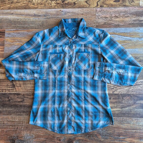 KUHL Outdoor Camping Button-Up Shirt Lightweight Blue Plaid Long Sleeve Pocket - Picture 2 of 14